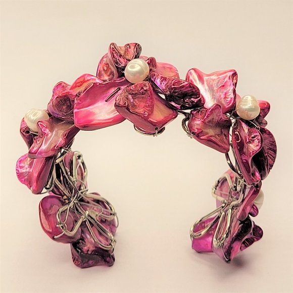 Purple Adjustable Cuff Bracelet with Pearl and Mother Of Pearl Shell Bangle -NEW - Picture 8 of 11